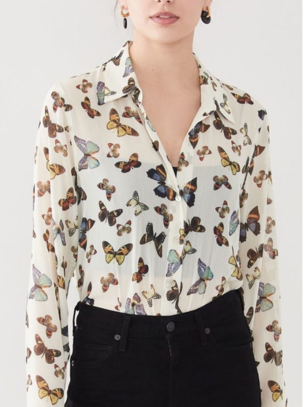 L’AGENCE Dani silk butterfly print cream semi-sheer button down blouse small